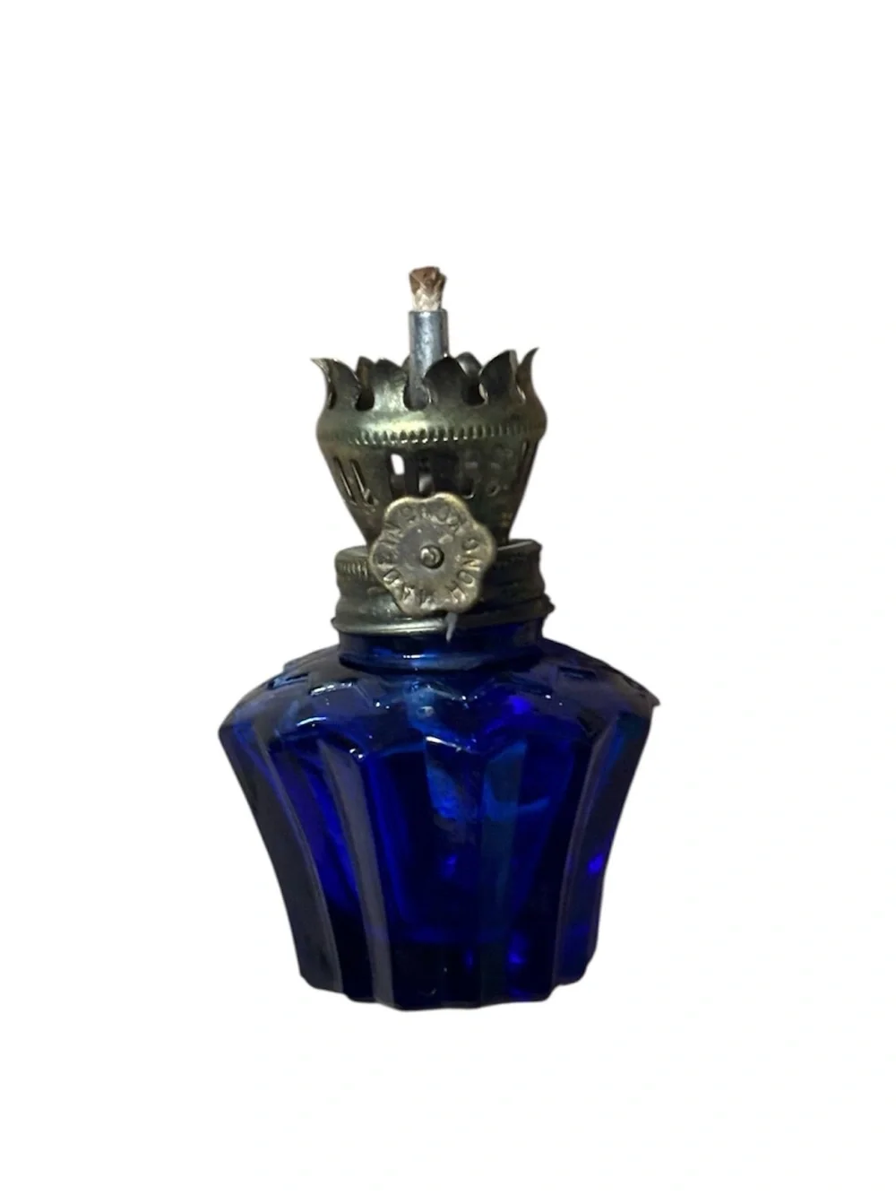 Vintage Cobalt Blue Glass Mini Oil Lamp Hurricane Made in Hong Kong 4.5” Tall